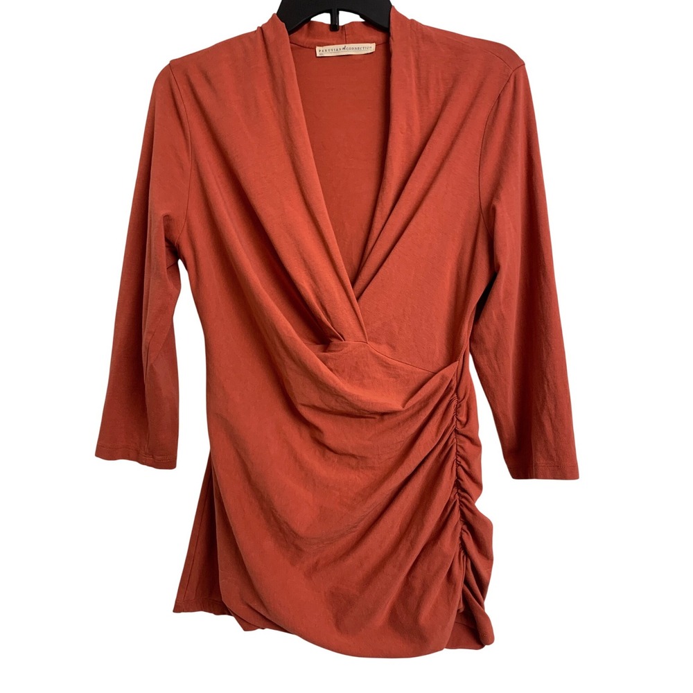 Peruvian Connection Terracotta Pima Cotton Ruched Surplice Wrap Top Large